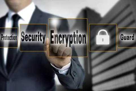 Encryption touchscreen wird von geschäftsmann bedient encryption touchscre.. Stock Photos