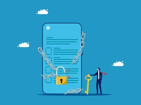 Encryption unlocks data. Businessman unlocks smartphone with key Stock Illustration