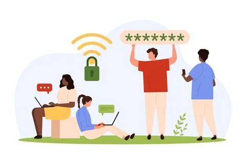 Encryption of wifi access, tiny people holding safe password and key to hotspot 스톡 일러스트