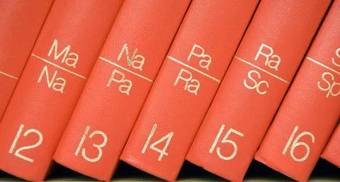 Encyclopedia in a Bookshelf Close View 스톡 사진