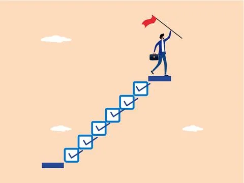 End, completion, businessman steps onto a checklist ladder to reach the goal Stock Illustration
