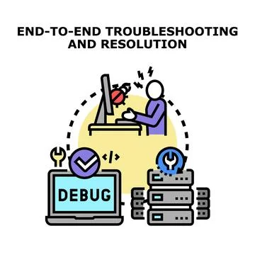 End to end troubleshooting process resolving system issues Stockillustratie