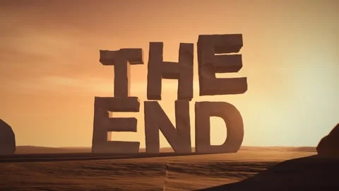 The End Giant Eroded Stone Letters Standing in a Desert at Sunset with Stock Footage 341806234
