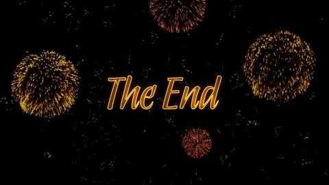 The End Greeting text with particles, colored fireworks, sparks and stars Stock Footage 99068584