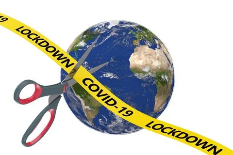 The End of Lockdown Concept. Scissors Cut Yellow Ribbon with COVID-19 Lockdow Stock-Illustration