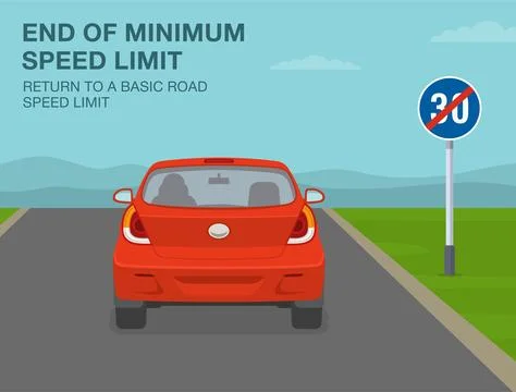 End of minimum speed limit sign meaning. Return to a basic road speed. Illustrazione stock