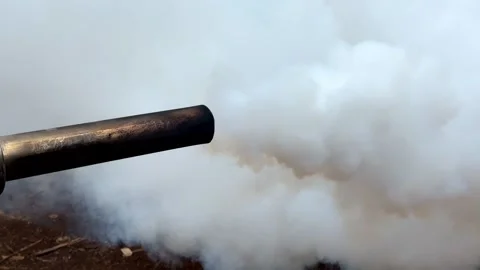 The end of the pipe from the working smoke generating machine produces Stock Footage 283550152