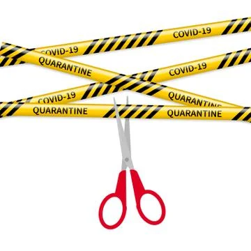 The End of Quarantine vector illustration. Scissors cut yellow caution tape.  Stock Illustration