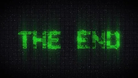 The End Retro Text Effect with Glitch Background. Illustrazione stock