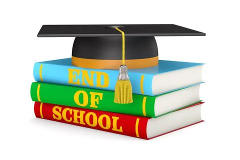 End of school. Graduation cap and pile books on white background. Isolated 3D Stock Illustration
