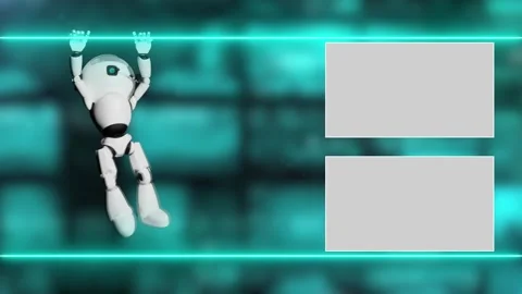 End srceen with moving robot ai. Mechanical cartoon cyborg hang out Stock Footage 268865337