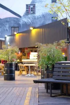 End of work of a street cafe. Small trees in pots against a background of cit Stock Photos