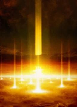 End of world, judgment day, powerful glowing rays from space hits planet Eart Фото