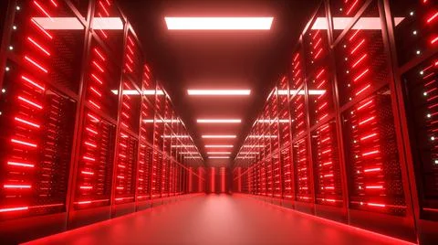 Endangered, hacked Server room interior in datacenter, red lights. 3D Render Stock Illustration