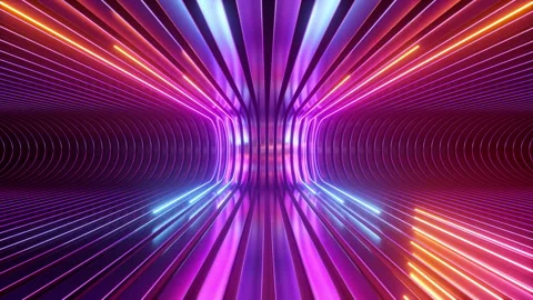 Endless 3d animation. Bright neon lines slide down the metallic ceiling wall Stock Footage 247416346