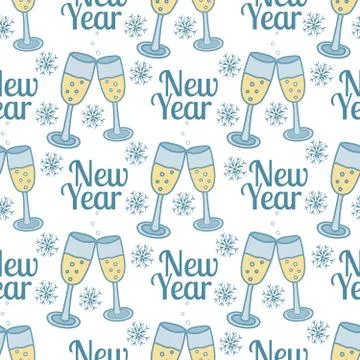 Endless background with hand drawn glasses of champagne, snowflakes and text Illustrazione stock