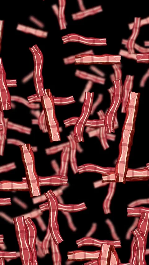 Endless Bacon Slices Falling Against Black Background Stock Footage 325008842