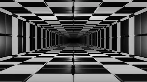 Endless black and white checkered tunnel 3d rendering illustration Stock Illustration