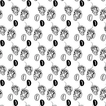 Endless black and white pattern with coffee beans and abstract stylized cup Stock Illustration