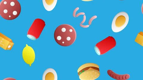 Endless blue seamless pattern of delicious food and snack items icons set for Stock Illustration