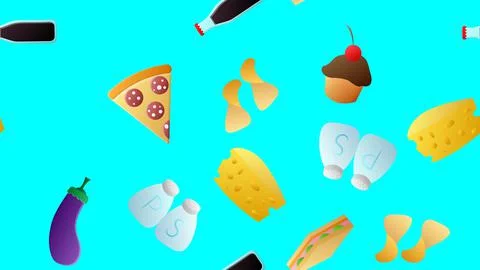 Endless blue seamless pattern of delicious food and snack items icons set for Stock Illustration