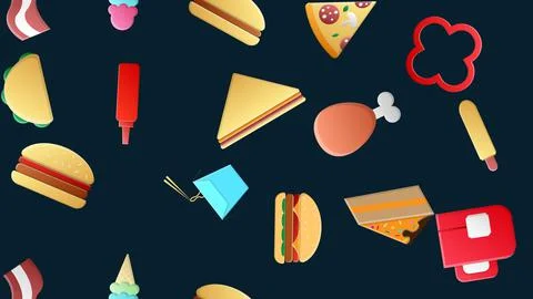 Endless blue seamless pattern of delicious food and snack items icons set for Stock Illustration