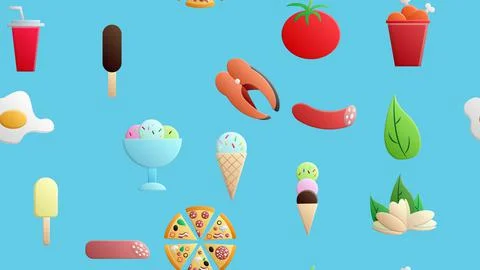 Endless blue seamless pattern of a set of icons of delicious food and snacks  Stock Illustration