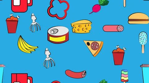 Endless blue seamless pattern from a set of icons of delicious food and snack Stock Illustration
