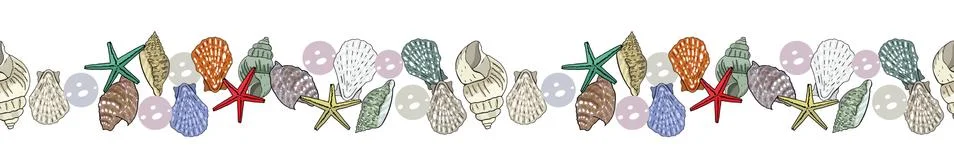 Endless border of marine elements and seashells. Isolated illustration on whi Stock Illustration