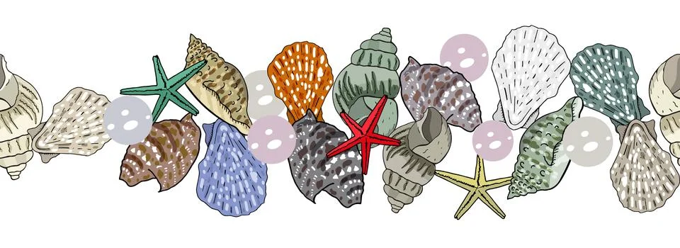 Endless border of marine elements and seashells. Isolated illustration on whi Stock Illustration