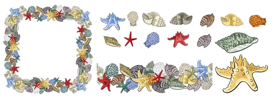 Endless border of marine elements and seashells. Isolated illustration on whi Stock Illustration