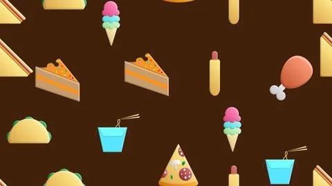 Endless brown seamless pattern of delicious food and snack items icons set fo Stock Illustration