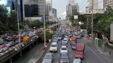 Endless commuter traffic jam in Sathorn district, downtown Bangkok Stock Footage 70769487