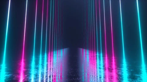 Endless corridor with neon lines tending up. Metal reflective scratched floor Stock Footage 119331442