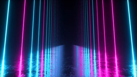 Endless corridor with neon lines tending up. Metal reflective scratched floor Stock Footage 119332408