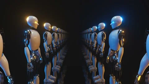 An endless corridor of robots facing each other. Future technology and Stock Footage 135423577