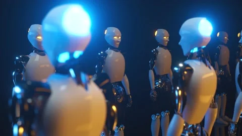 An endless corridor of robots facing each other. Future technology and Stock Footage 135423582