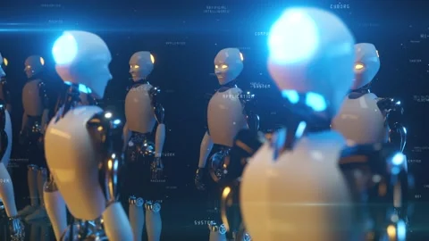 An endless corridor of robots facing each other. Future technology and Stock Footage 135423598