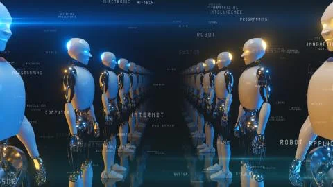 An endless corridor of robots facing each other. Future technology and artifi Stock Illustration