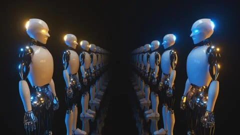 An endless corridor of robots facing each other. Future technology and artifi Stock Illustration