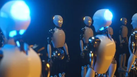 An endless corridor of robots facing each other. Future technology and artifi Stock Illustration