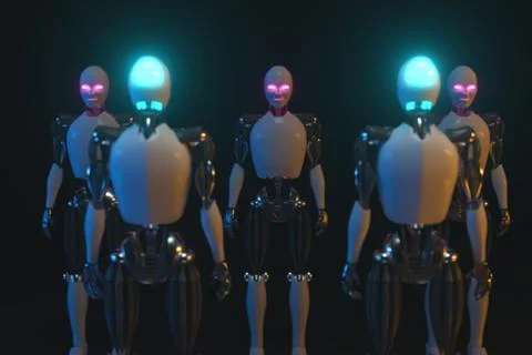 An endless corridor of robots facing each other. Future technology and artifi Stock Illustration