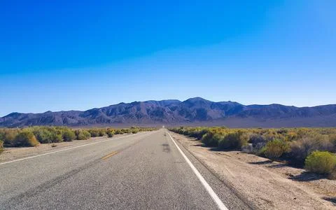 Endless desert highway with distant mountains under a clear blue sky perspe.. Stock Photos