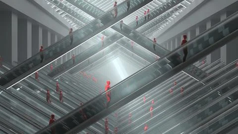 Endless escalators with red human figures in futuristic geometric interior Stock Photos