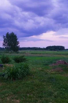 Endless expanses of fields and gray thunderclouds. Stock Photos