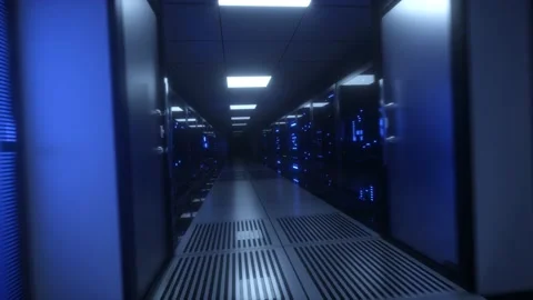 Endless flight along server blocks. Data center and internet. Server rooms with Stock Footage 131396925