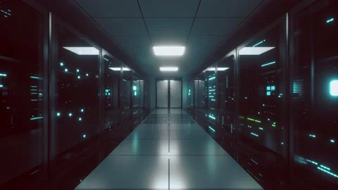 Endless flight along server blocks. Data center and internet. Server rooms with Stock Footage 131397409