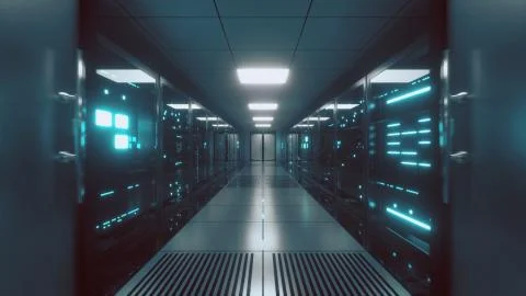 Endless flight along server blocks. Data center and internet. Server rooms wi Stock Illustration