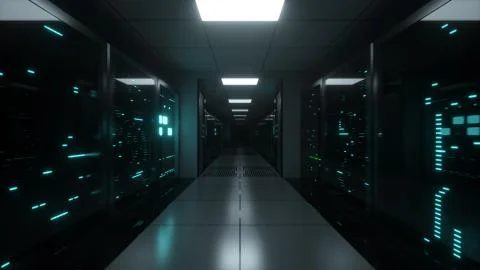 Endless flight along server blocks. Data center and internet. Server rooms wi Stock Illustration