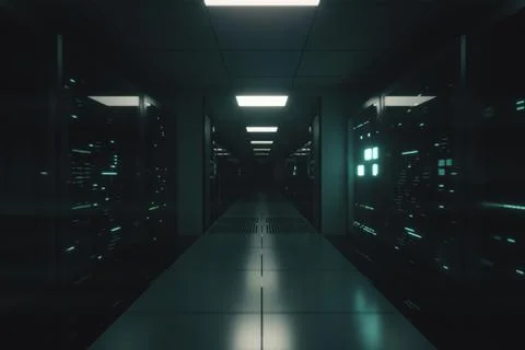 Endless flight along server blocks. Data center and internet. Server rooms wi Stock Illustration